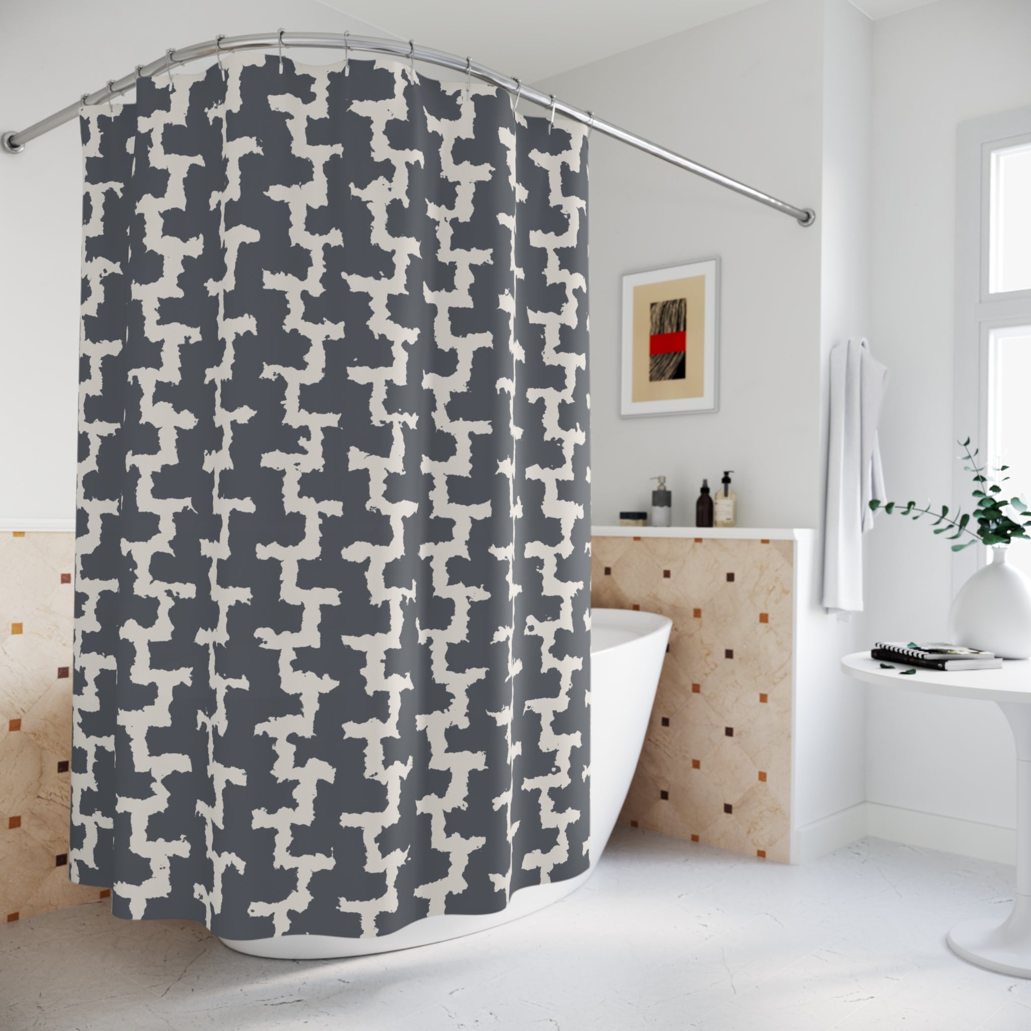 Greek Key Shower Curtain – Grey and Cream