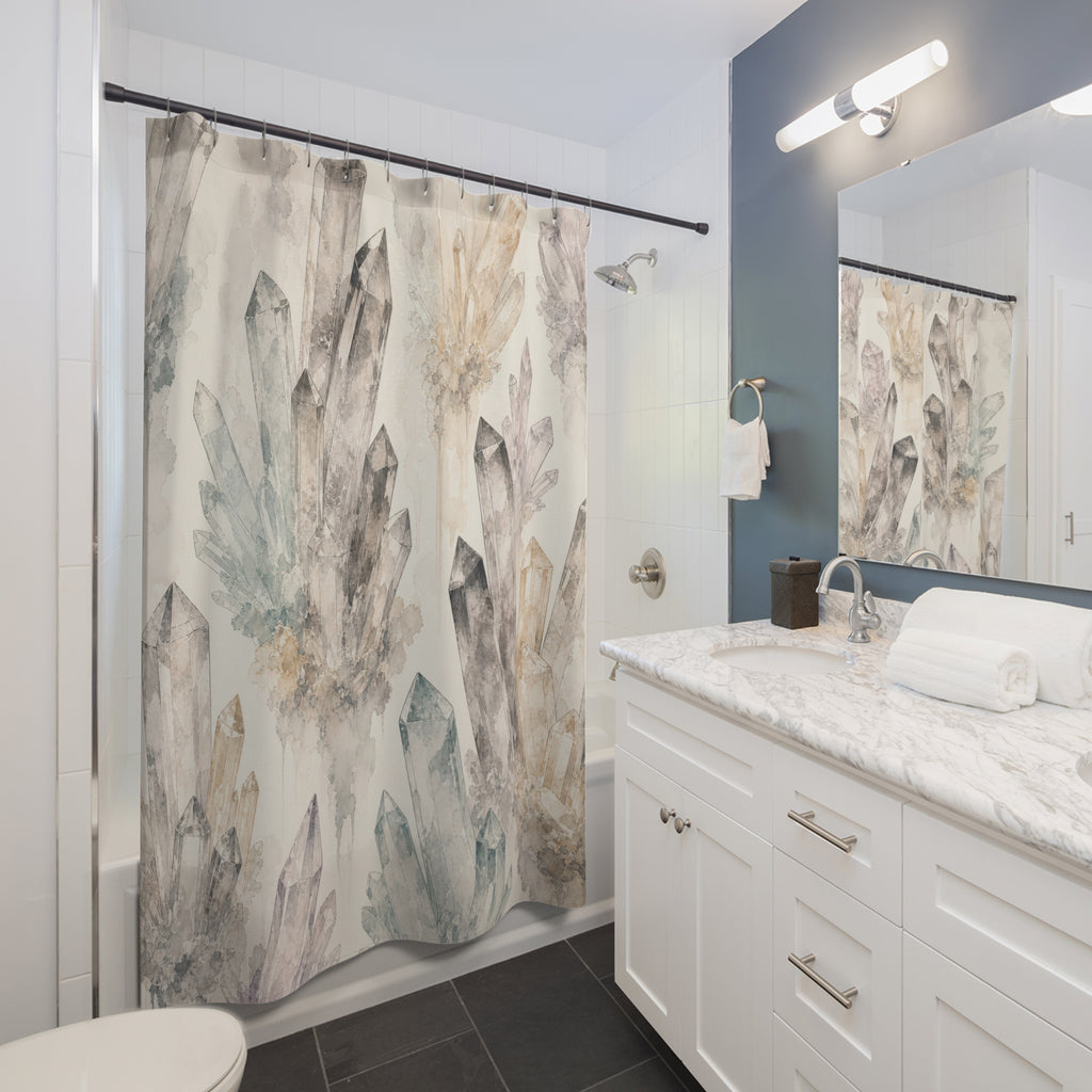 Crystal Shower Curtain, Grey Quartz Watercolor Pattern, Boho Bathroom Decor, Mystical Neutral Guest Bath Gemstone Spa Style