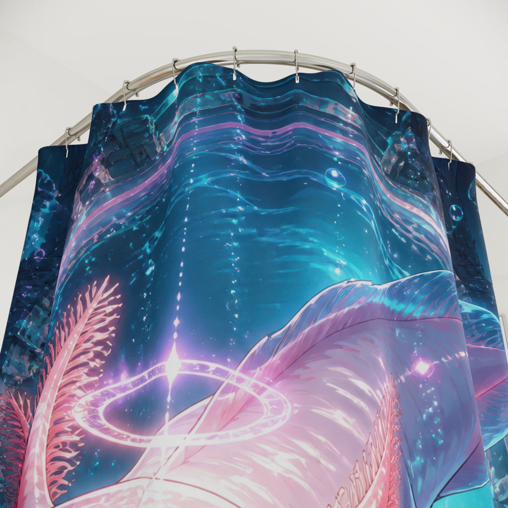 Luminous axolotl oracle before a teal and coral portal shower curtain with close-up print, hooks, and folds