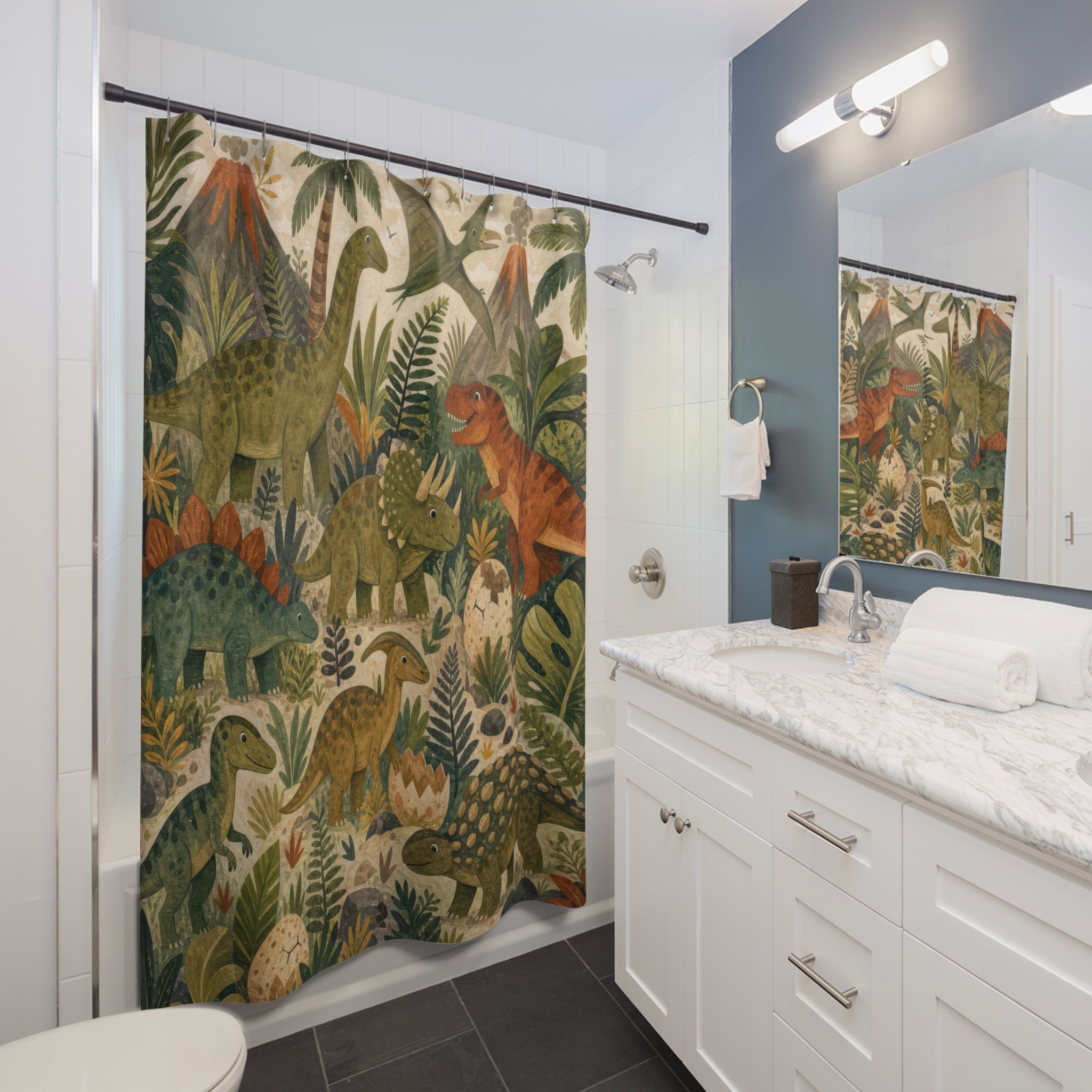 Dinosaur Jungle Shower Curtain, Prehistoric Kids Bathroom Decor, Volcano and Fern Bath Curtain, Boys Dinosaur Bathroom Art, Boys Bath Decor