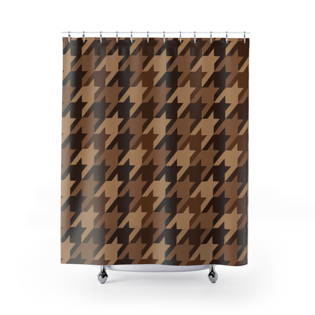 Chocolate, caramel and tan houndstooth checks shower curtain with full front view