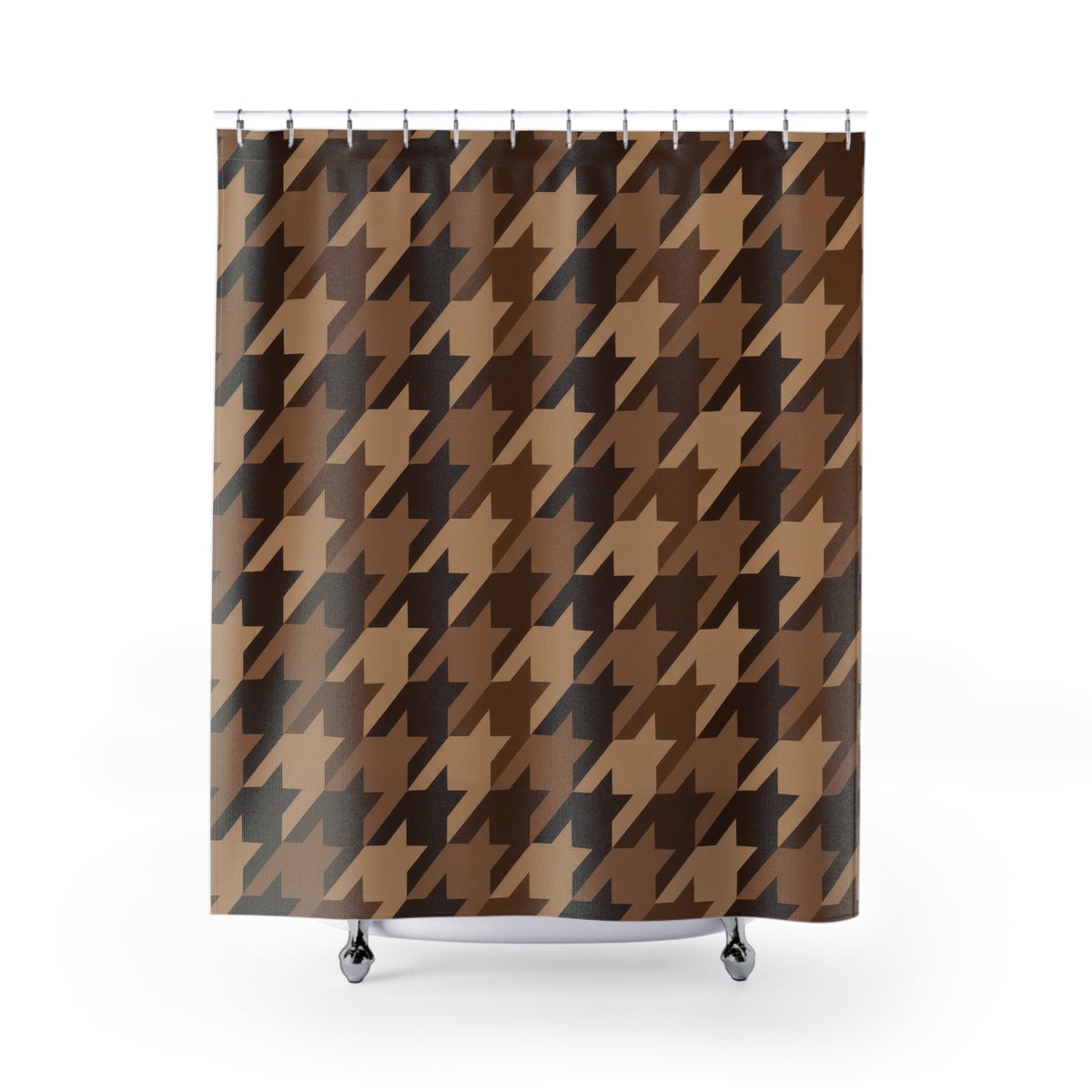 Chocolate, caramel and tan houndstooth checks shower curtain with full front view