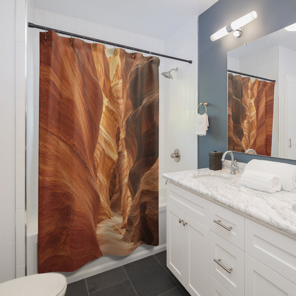 Terracotta sandstone canyon with a pale winding passage shower curtain beside a white vanity