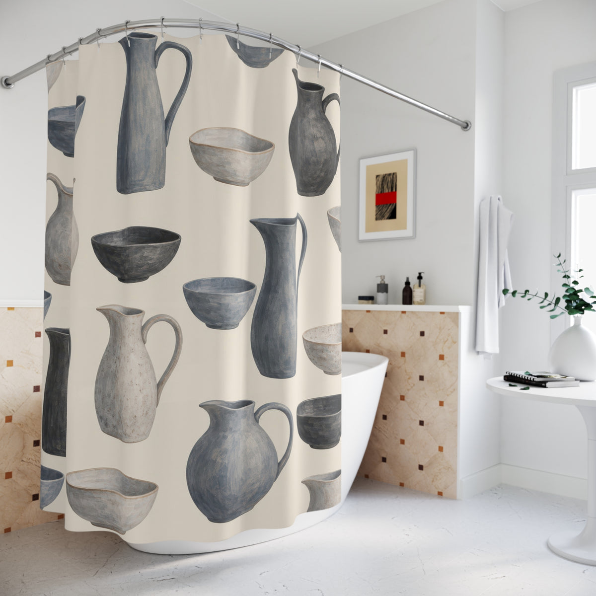 Blue-gray pitchers and bowls with charcoal accents on cream shower curtain beside a freestanding tub