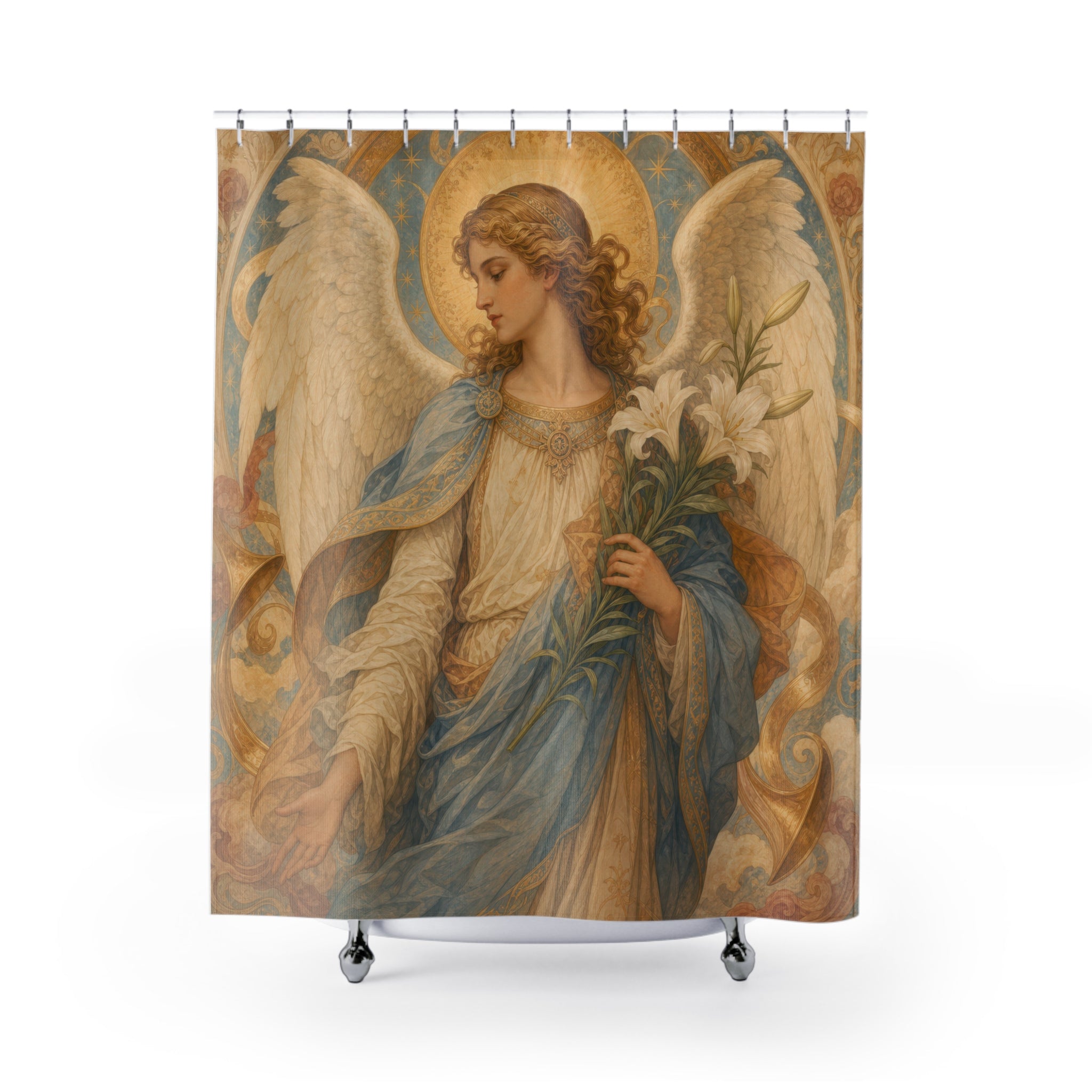 Archangel Gabriel Shower Curtain, Messenger Angel With Lilies, Blue White Renaissance Spiritual Bathroom Decor, Devotional Art, Lily Art