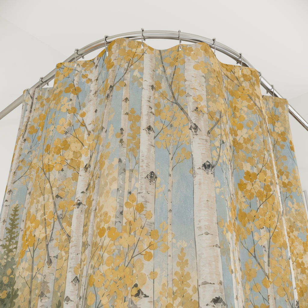 Aspen Tree Shower Curtain, Green White Forest Bath Decor, Golden Leaf Grove Pattern, Airy Nature Inspired Guest Bathroom Cabin Decor