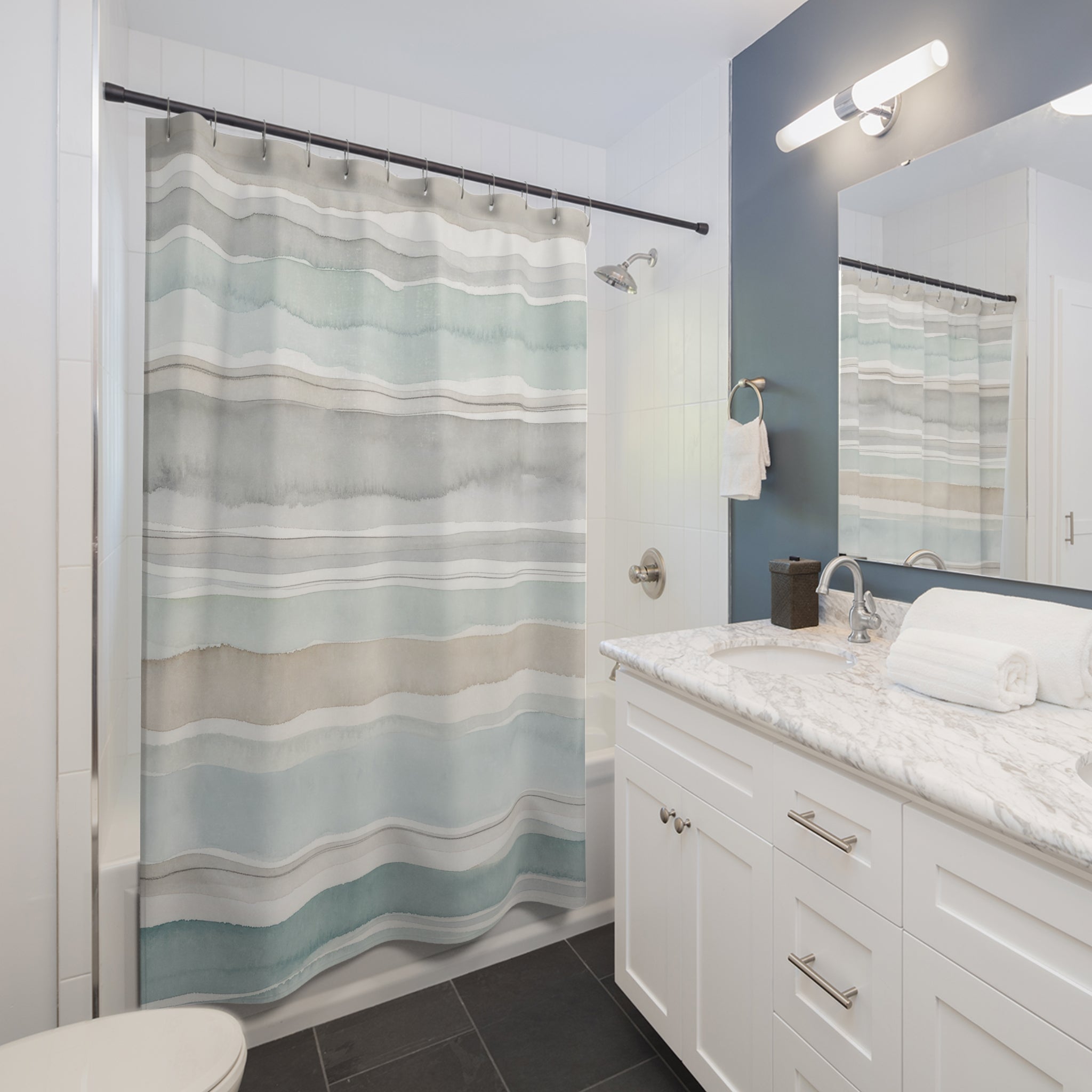 Pale Aqua Gray Watercolor Stripe Shower Curtain