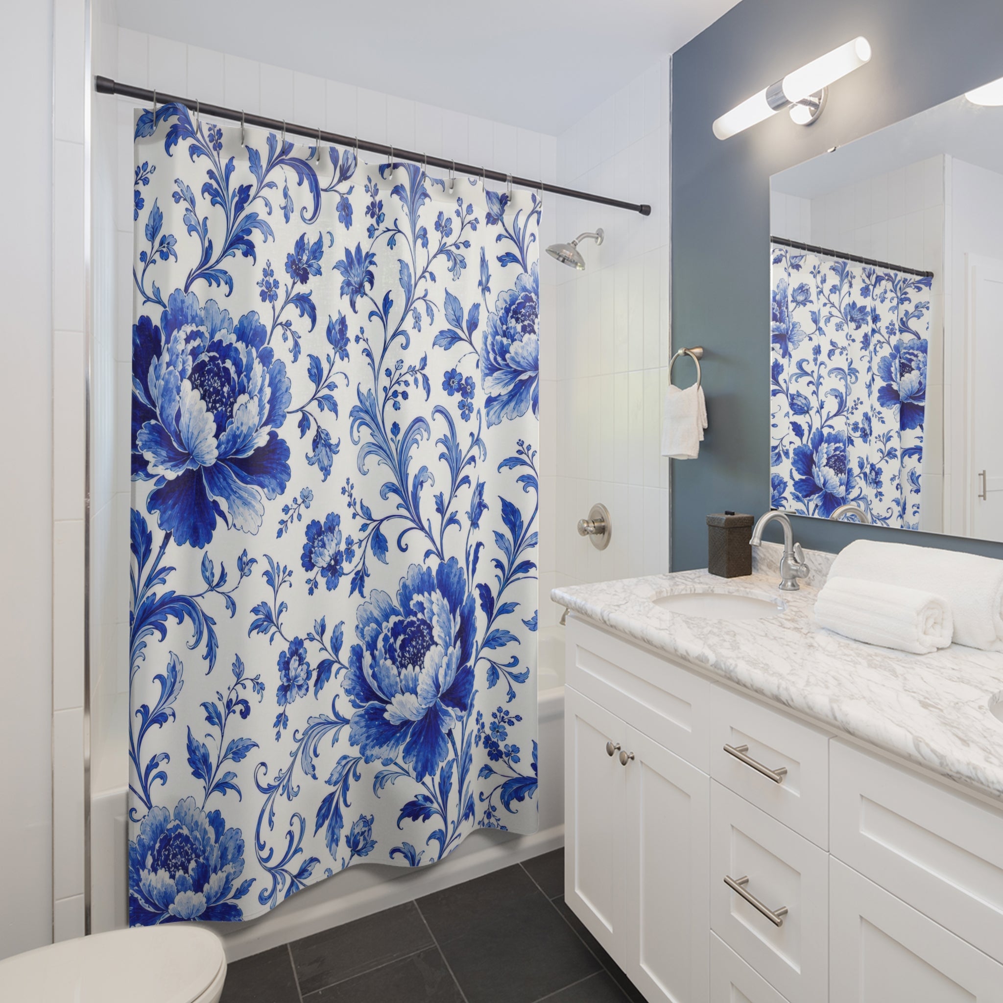 Cobalt Blue Porcelain Floral Shower Curtain