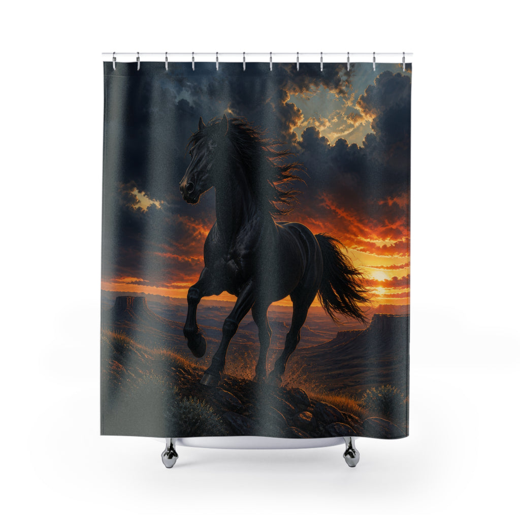 Black wild horse running across a storm-lit mesa ridge shower curtain with full front view