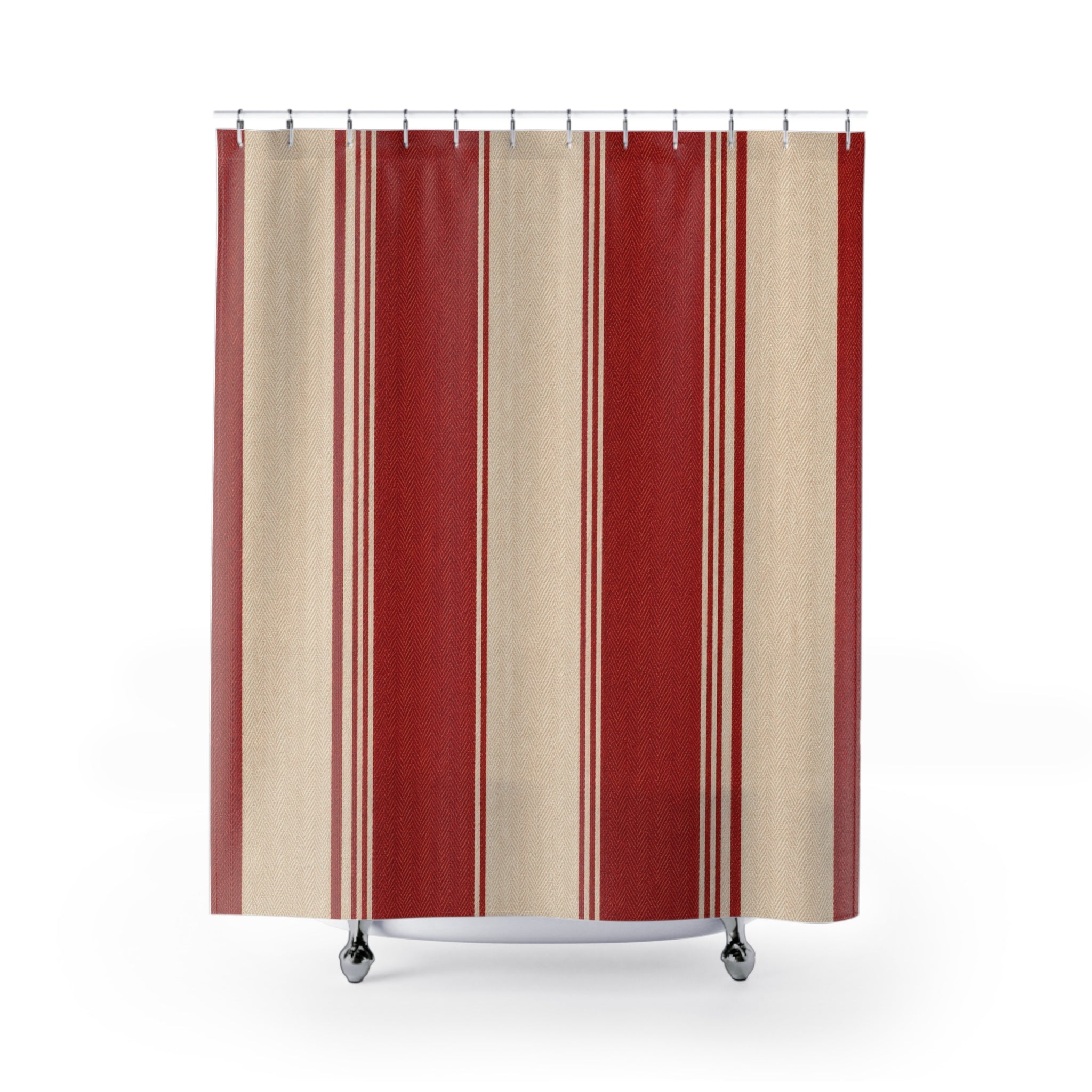 Red and White Striped Shower Curtain: Herringbone Woven Stripe