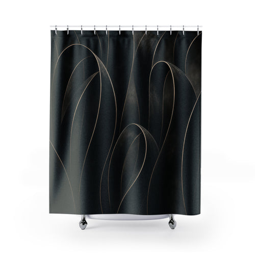 Abstract Ribbon Line Art black shower curtain with full front view