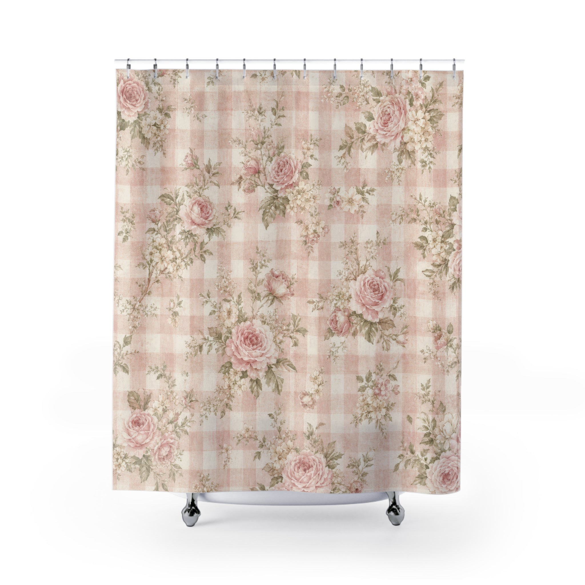 Shabby Chic Rose Check Shower Curtain