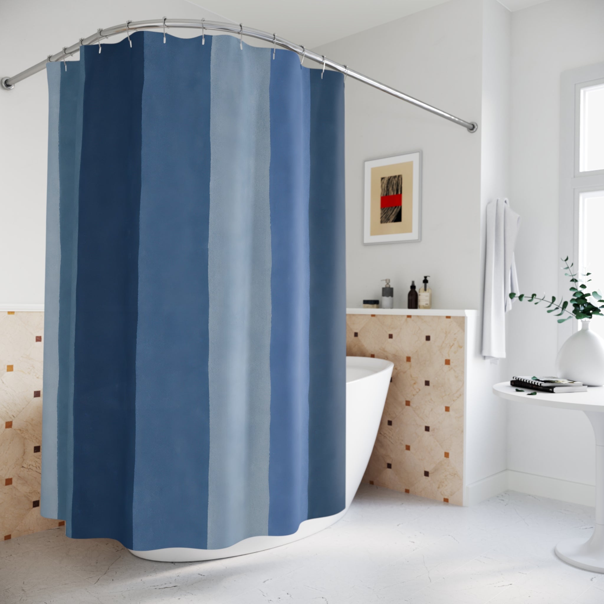 Muted Navy Slate Vertical Bands Shower Curtain