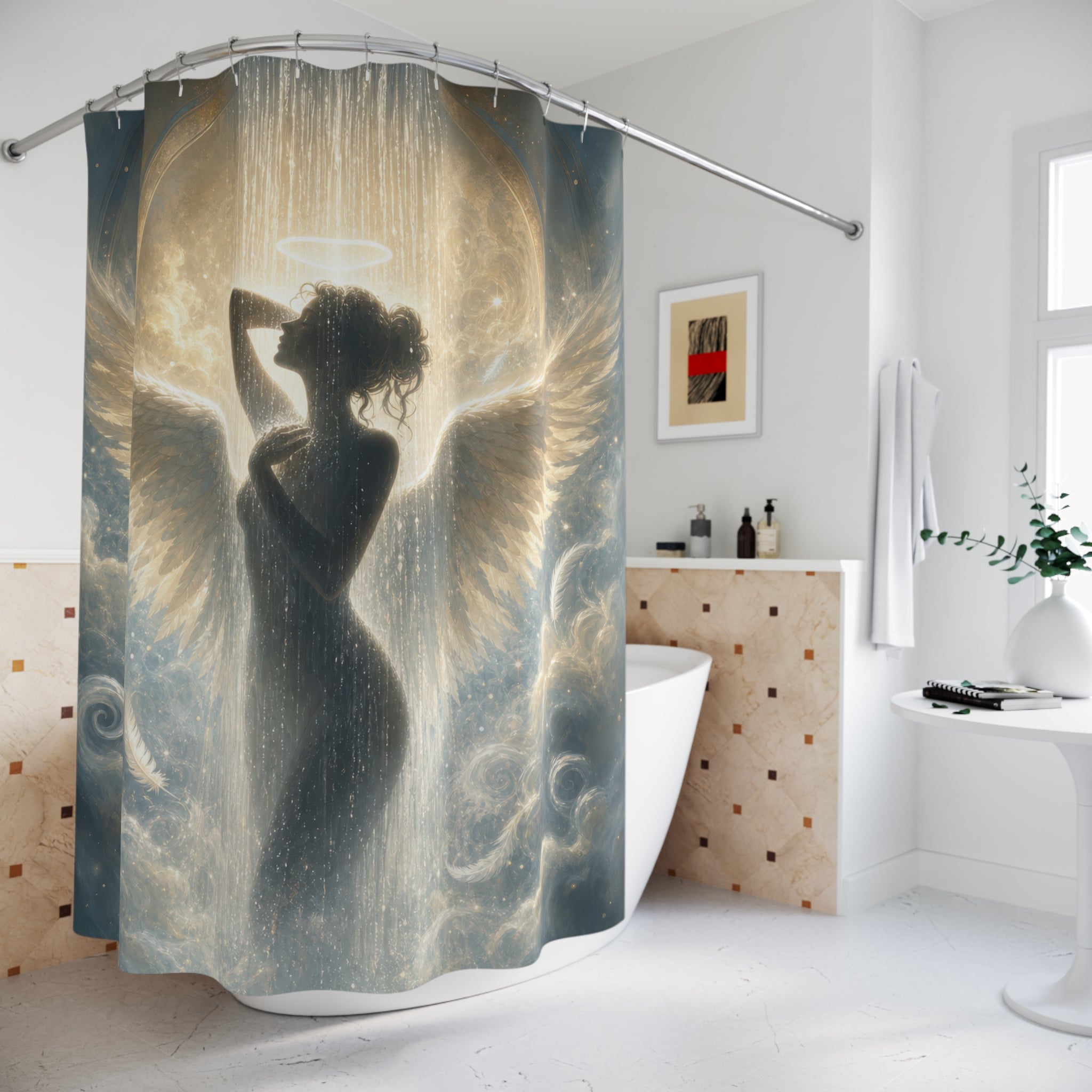 Unique Angel Shower Curtain, Halo Wing Silhouette Art, Celestial Gold Blue Bathroom Decor, Ethereal Spiritual Wall Guest Bath Gift For Home