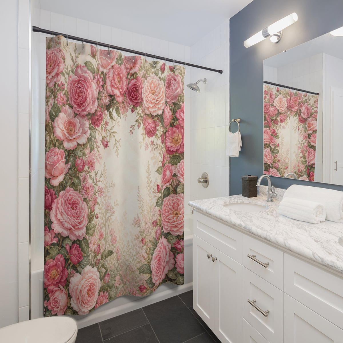 Blush rose and peony garden arch shower curtain beside a white vanity