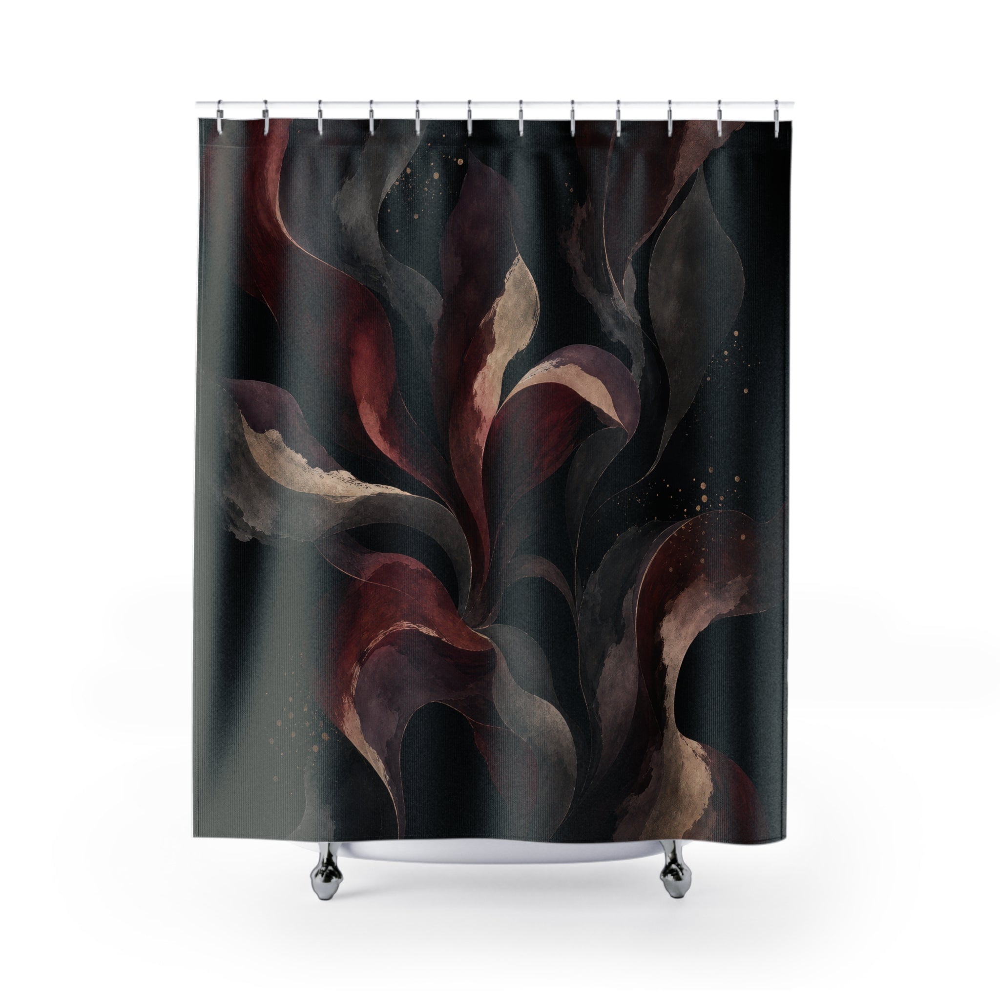 Dark Floral Shower Curtain, Black Burgundy Bath Decor, Moody Botanical Flower Pattern, Red Gray Bathroom Decor, Romantic Gothic Style