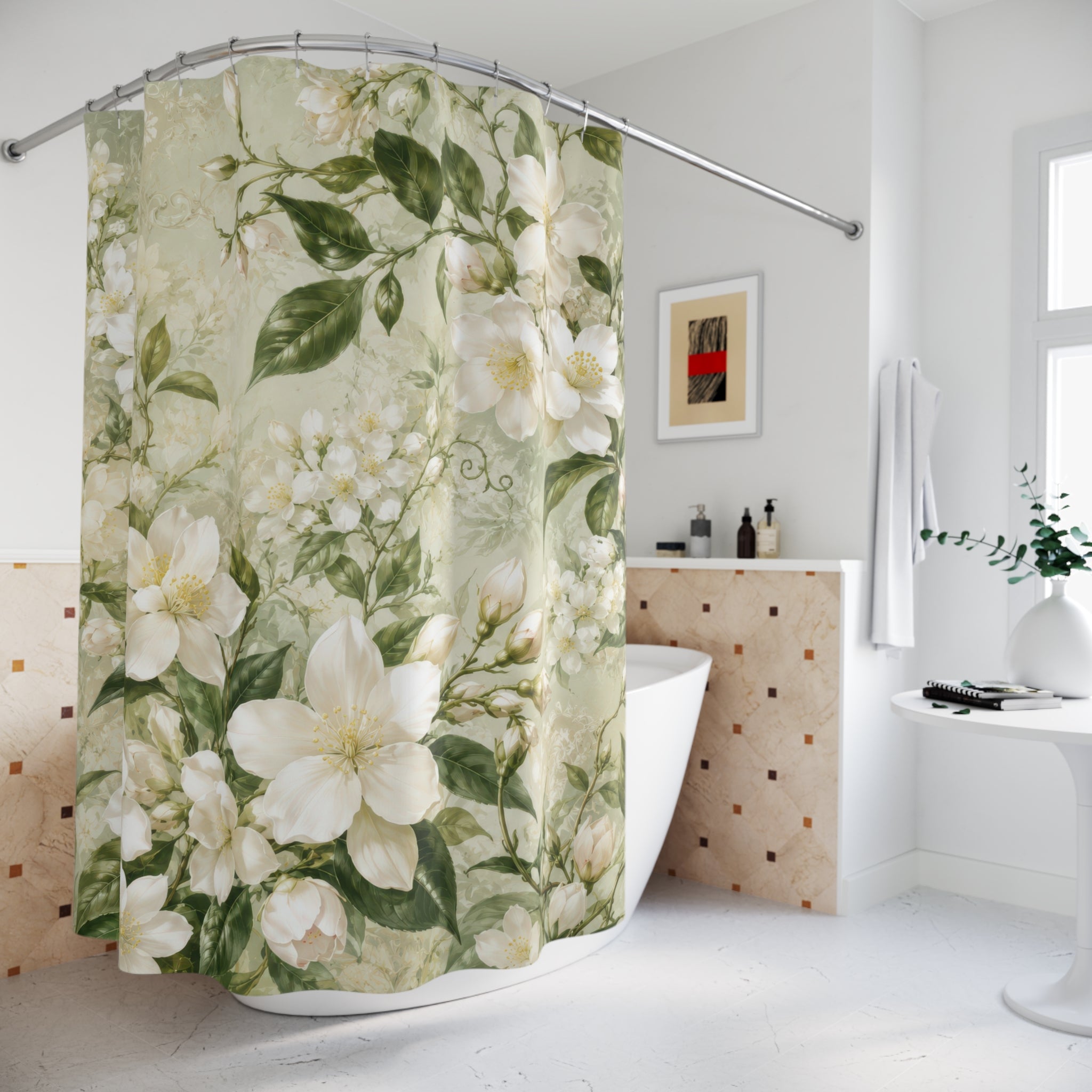 Jasmine Shower Curtain: White Floral Botanical