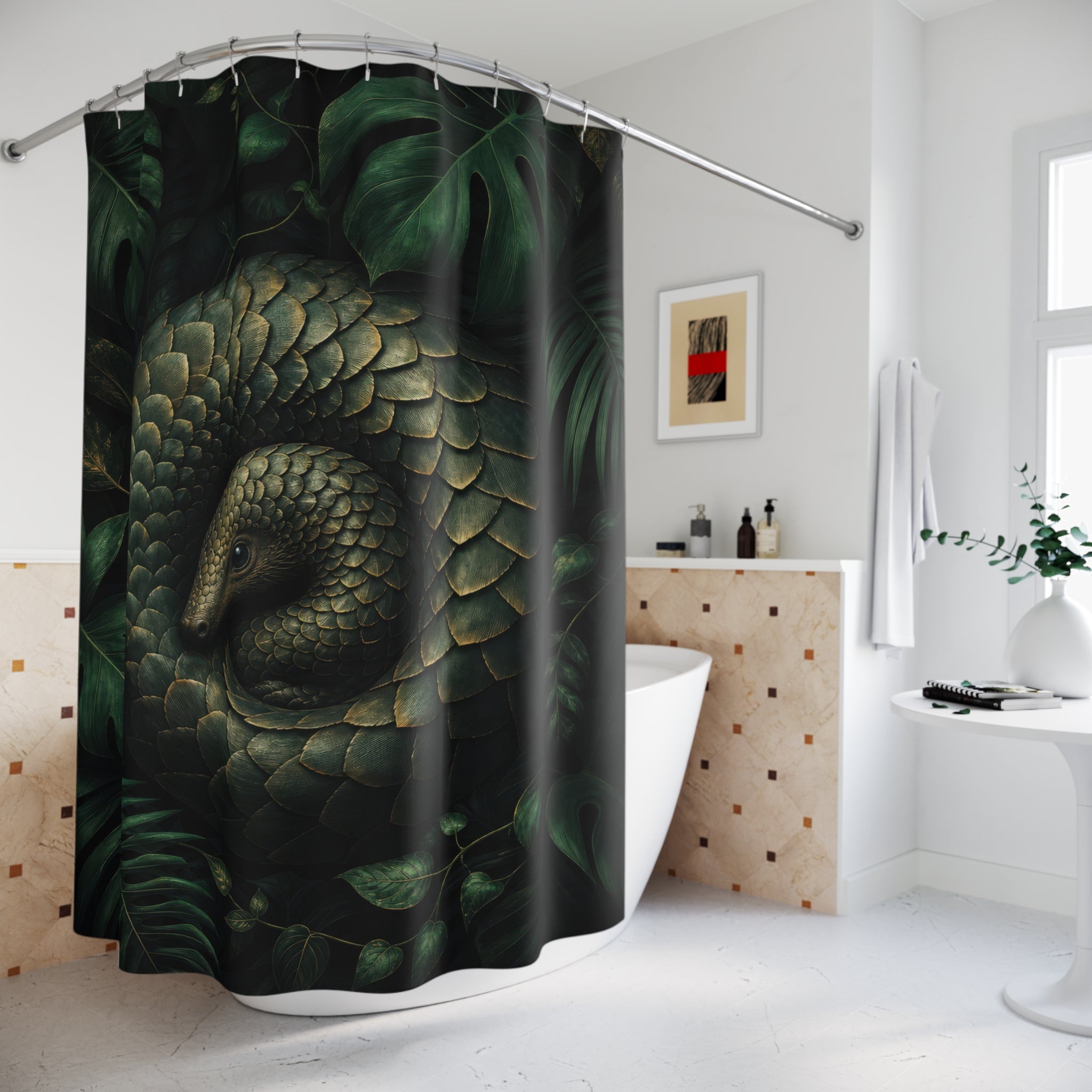 Dark Green Pangolin Jungle Shower Curtain