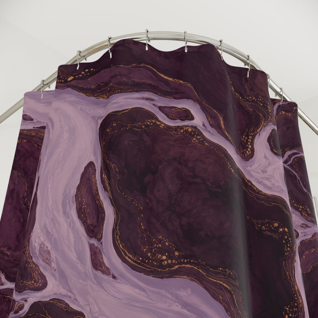 Lavender rivers around plum islands with ochre contours shower curtain with close-up print, hooks, and folds