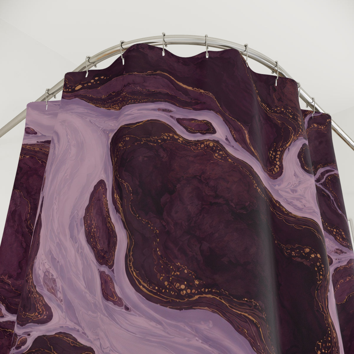 Lavender rivers around plum islands with ochre contours shower curtain with close-up print, hooks, and folds