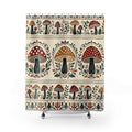 Rust and ochre mushroom folk borders on cream shower curtain with full front view