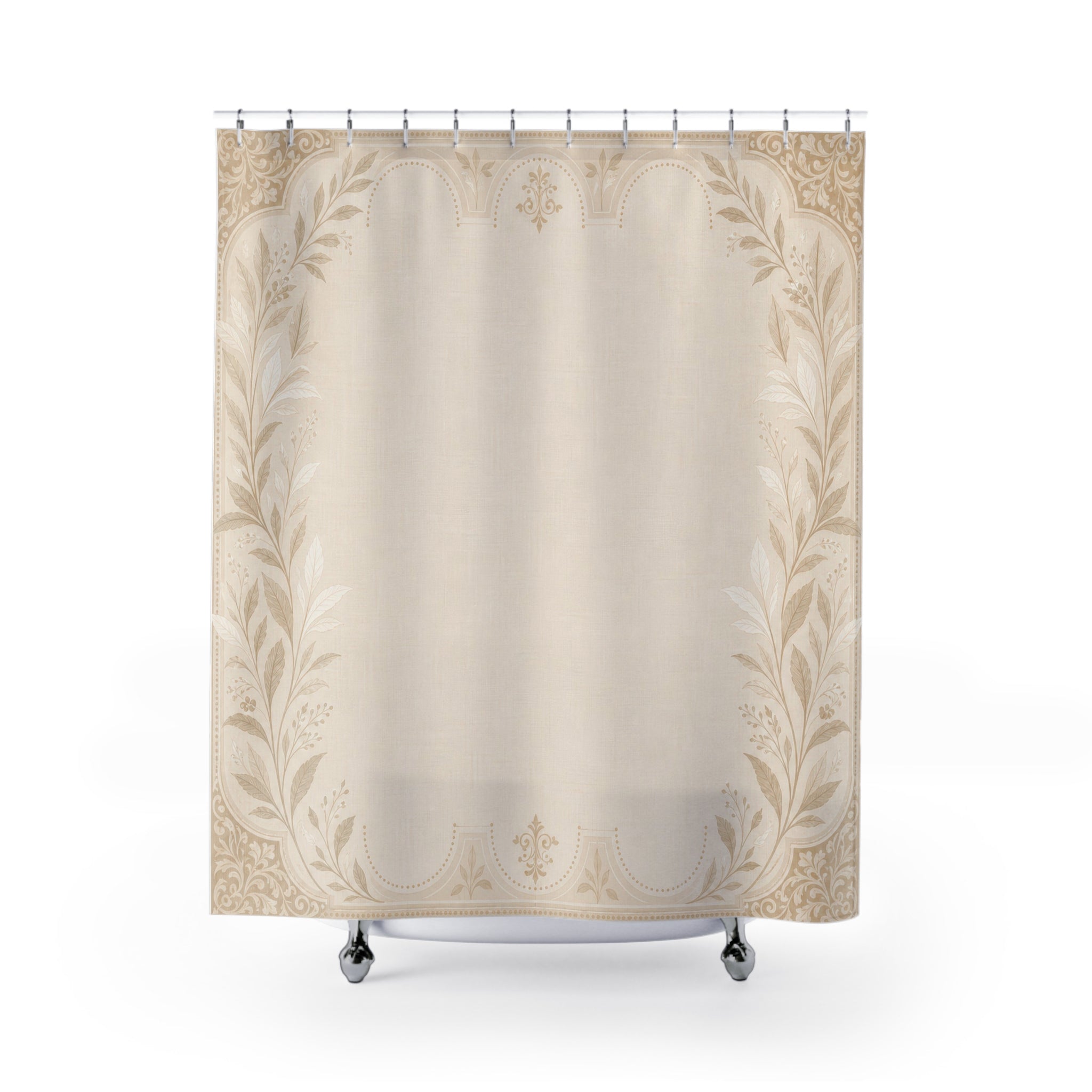 Light Beige Border Shower Curtain, Ivory Botanical Frame Bath Decor, Cream Oatmeal Neutral Pattern, Elegant Guest Bathroom Style Decor