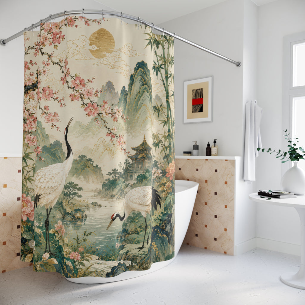 Japanese Shower Curtain: Asian Crane Garden