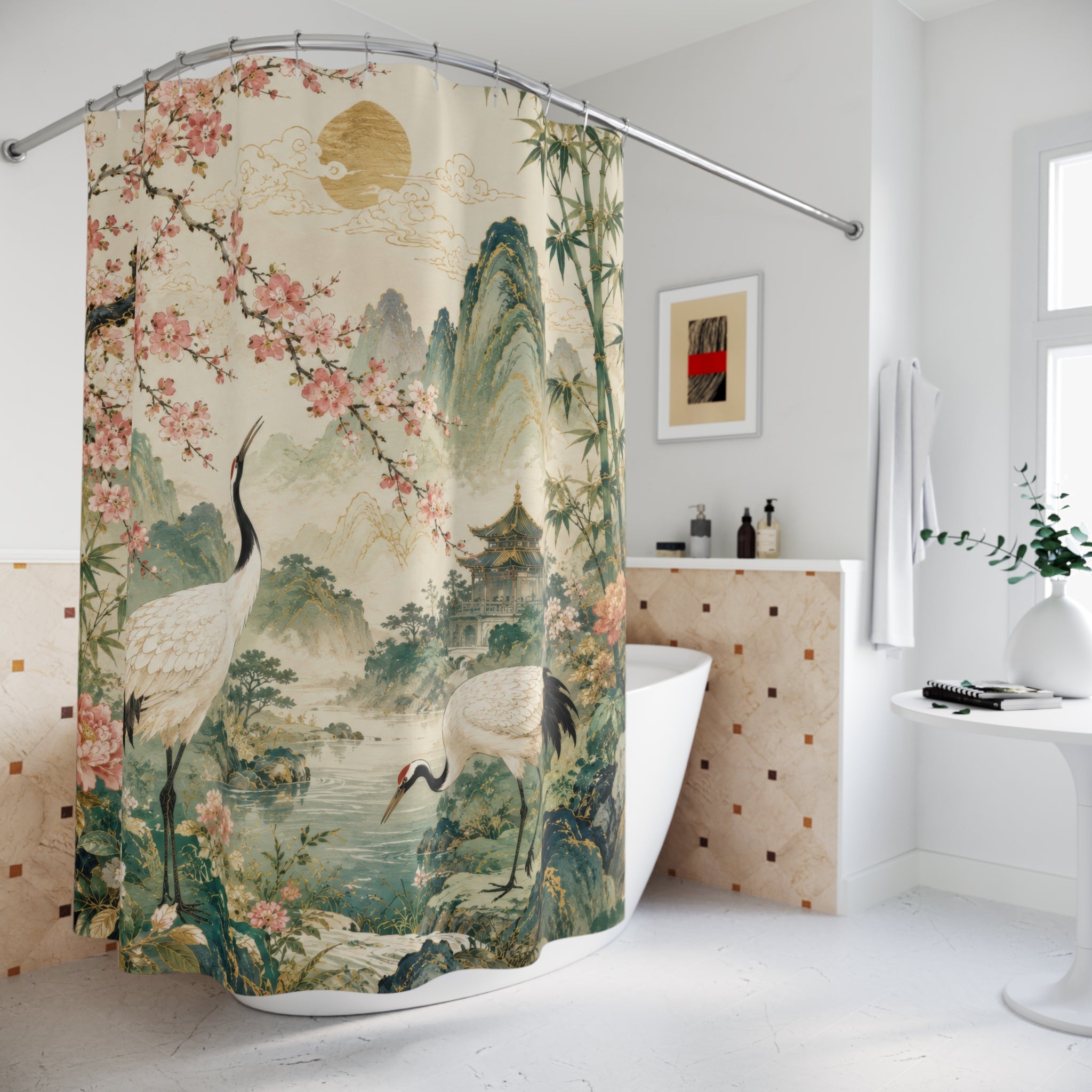 Japanese Shower Curtain: Asian Crane Garden
