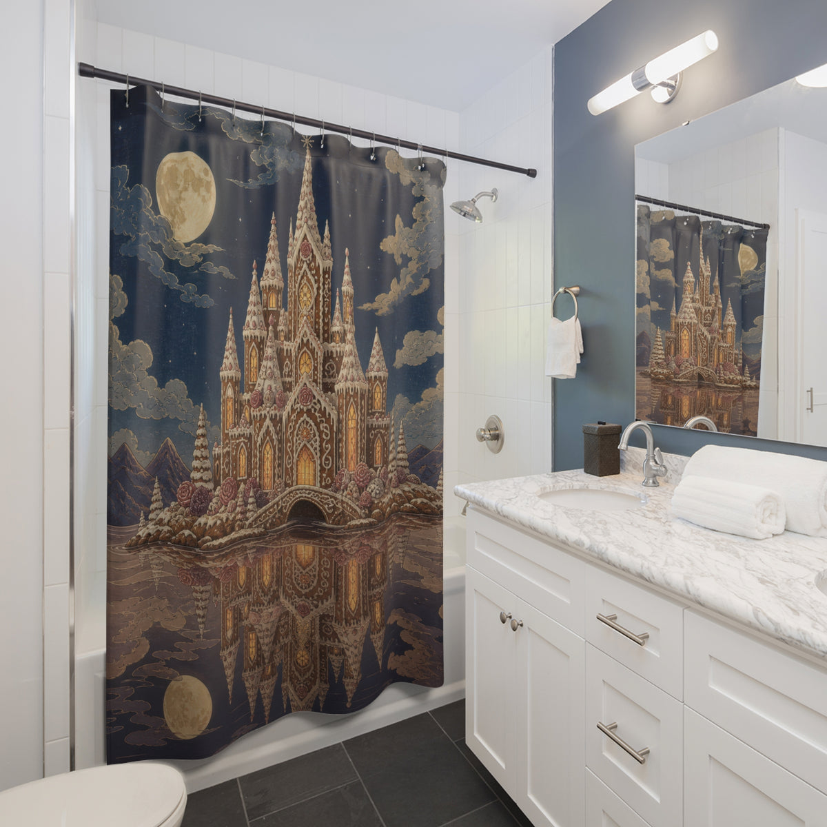 Moonlit gingerbread castle reflected in a cocoa lake shower curtain beside a white vanity