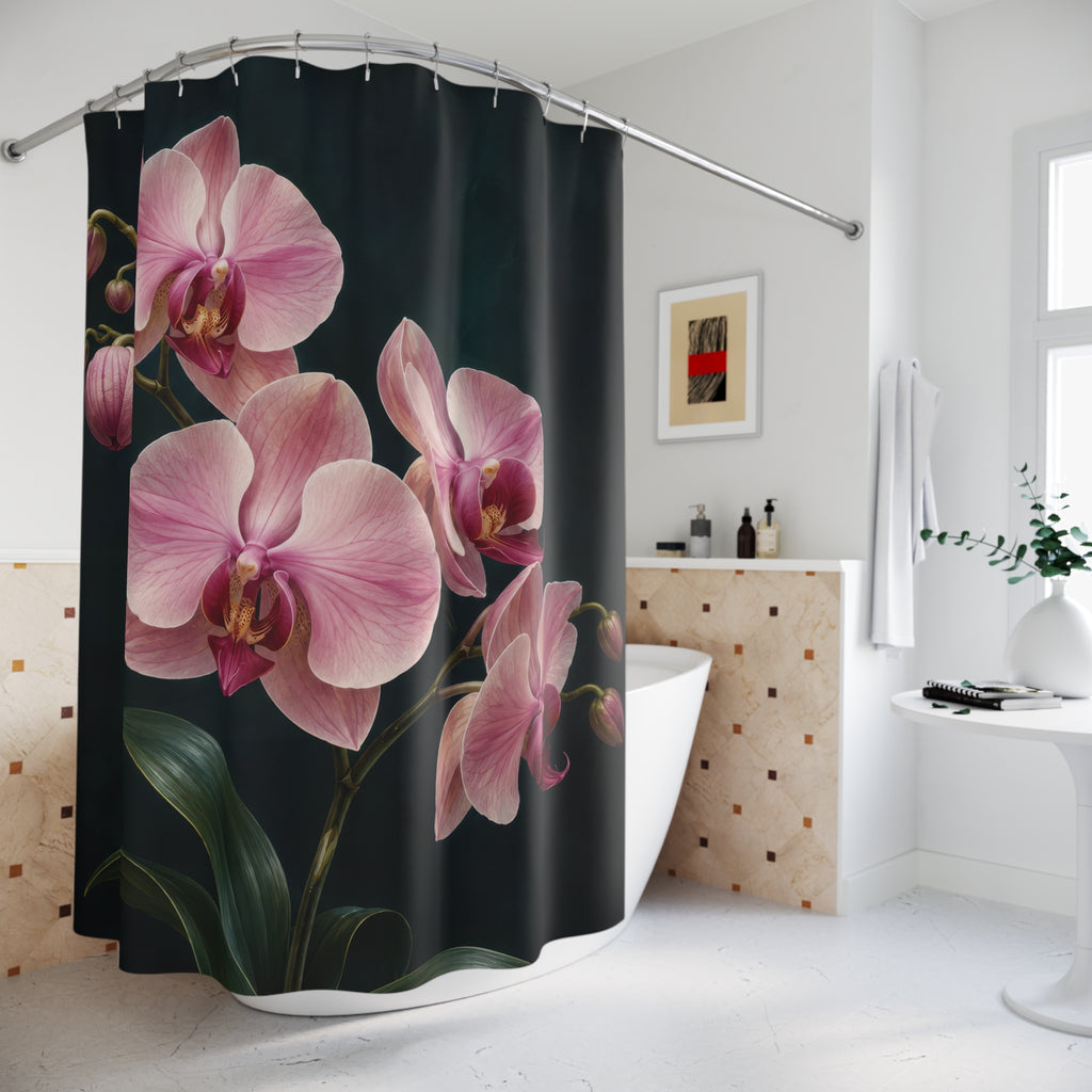 Pink orchids with burgundy centers on midnight teal shower curtain beside a freestanding tub