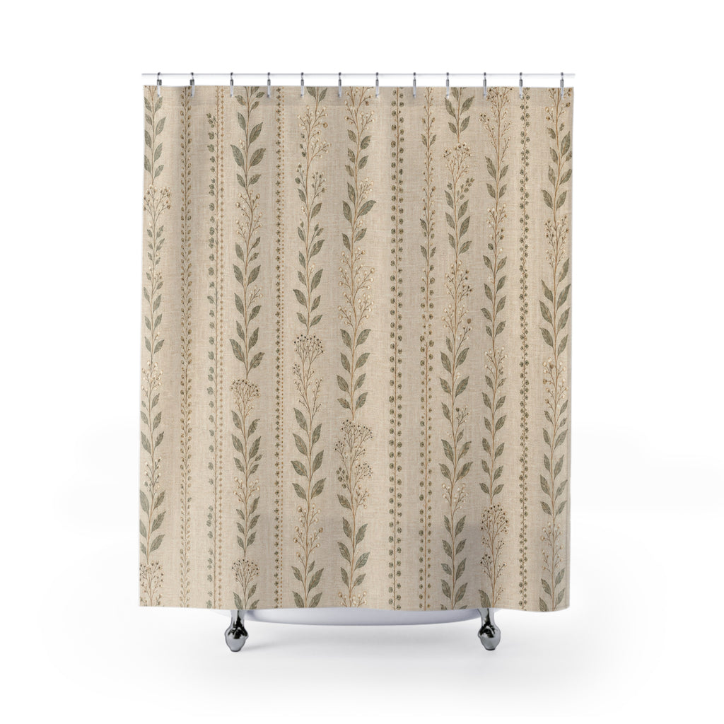 Beige Floral Stripe Farmhouse Shower Curtain