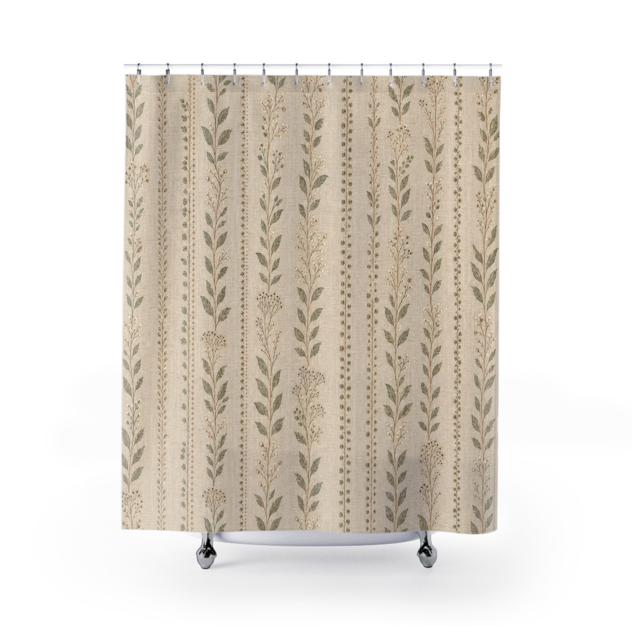 Beige Floral Stripe Farmhouse Shower Curtain