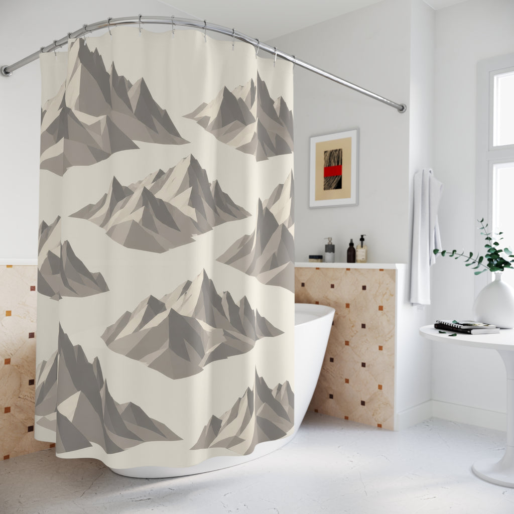 Large gray faceted mountain groups spaced diagonally across ivory shower curtain beside a freestanding tub