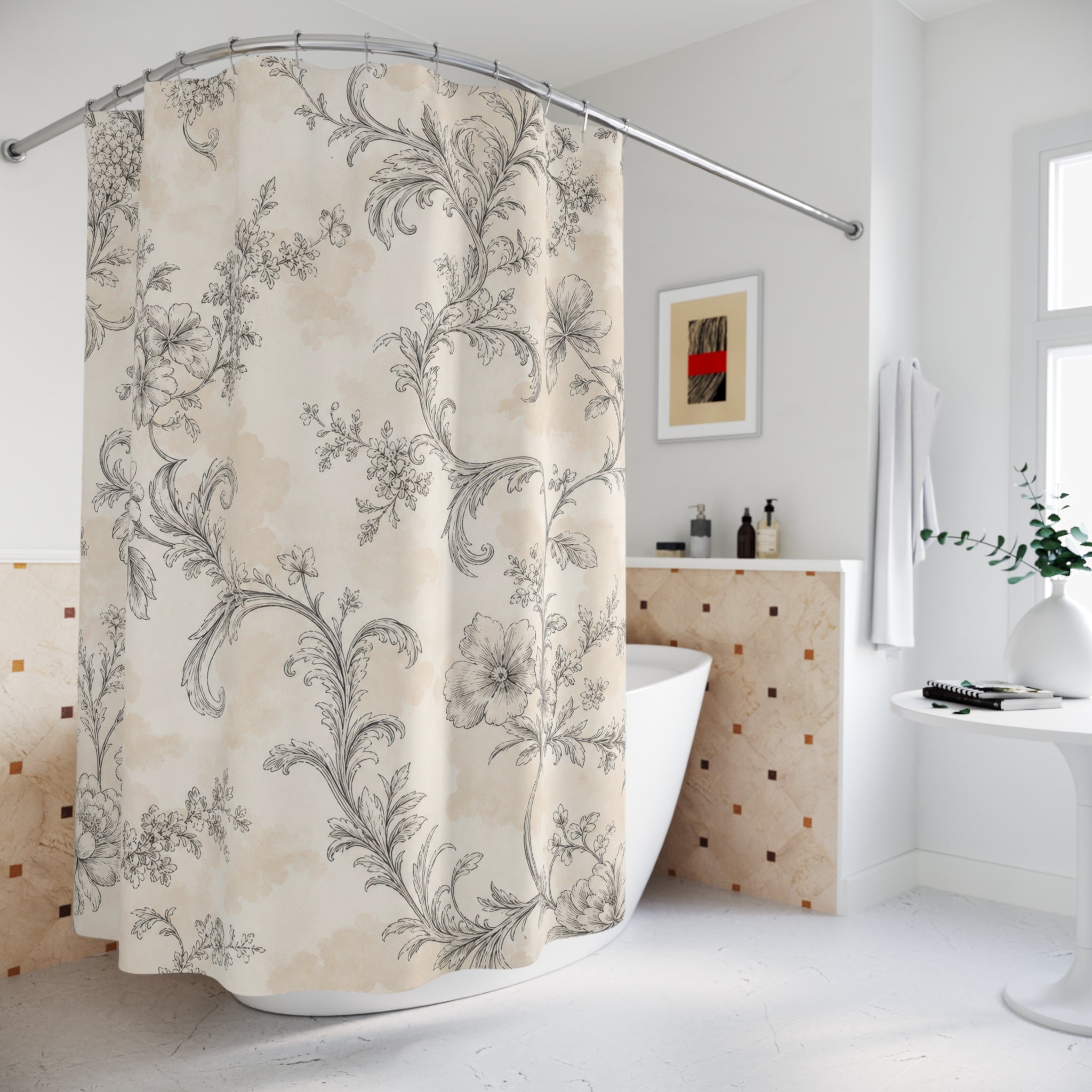 Gray Beige Botanical Toile Shower Curtain