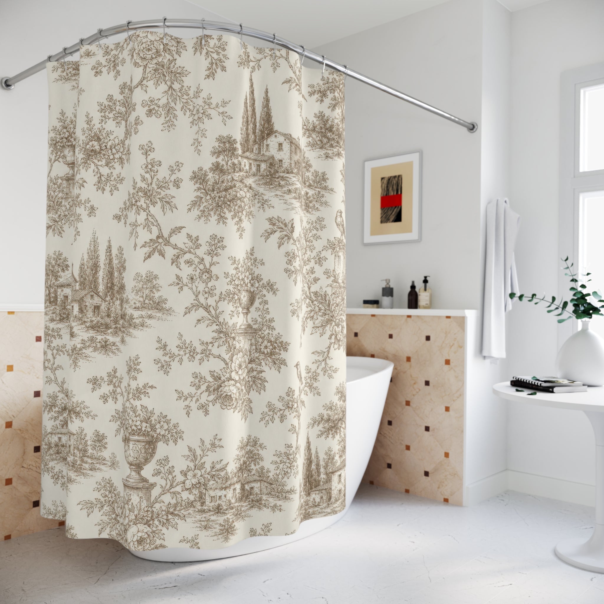 Sepia French Country Village Scene Shower Curtain