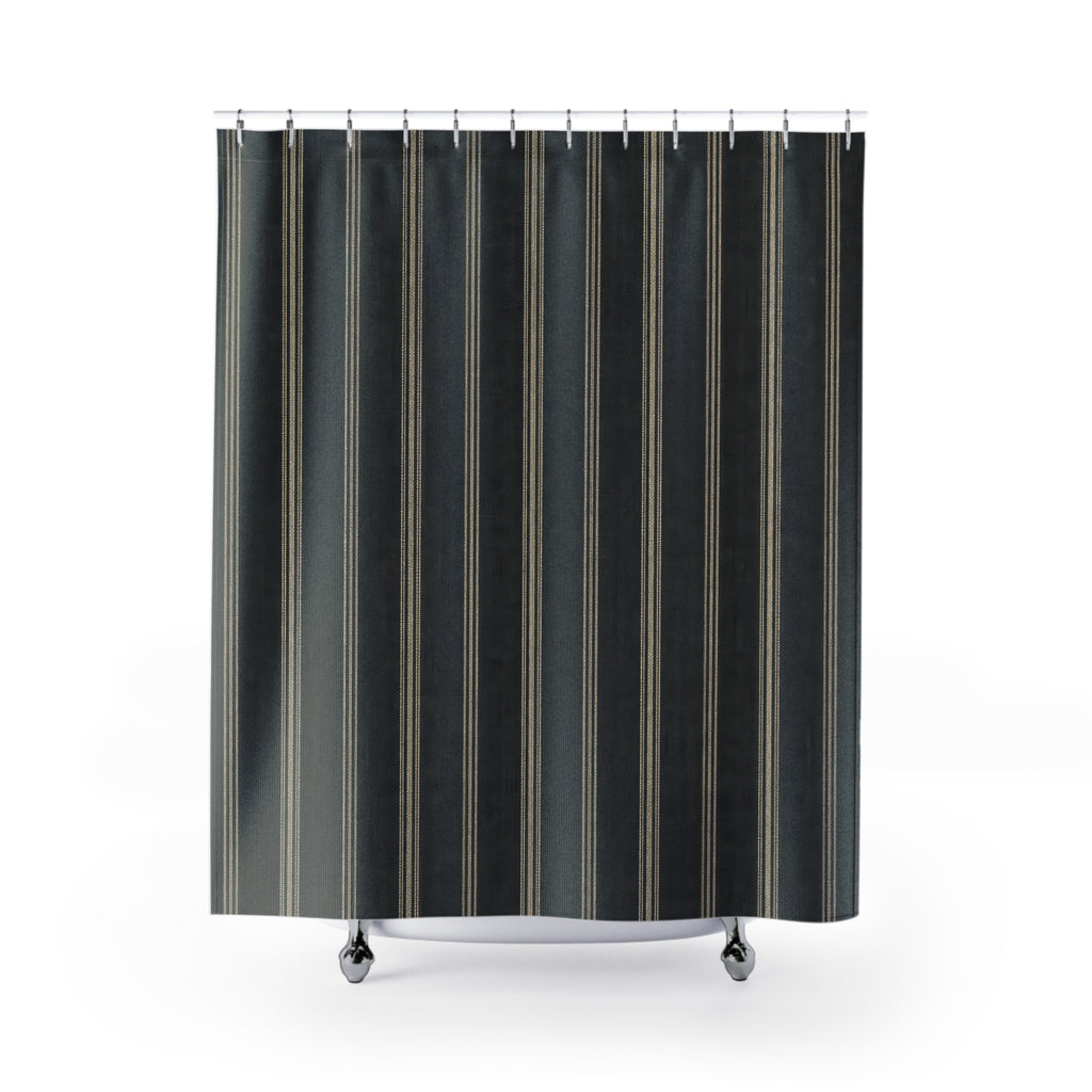 Black Ticking Stripe Shower Curtain, Charcoal Pinstripe Pattern, Cream Lines, Modern Farmhouse Moody Bathroom Decor, Classic Bath Style