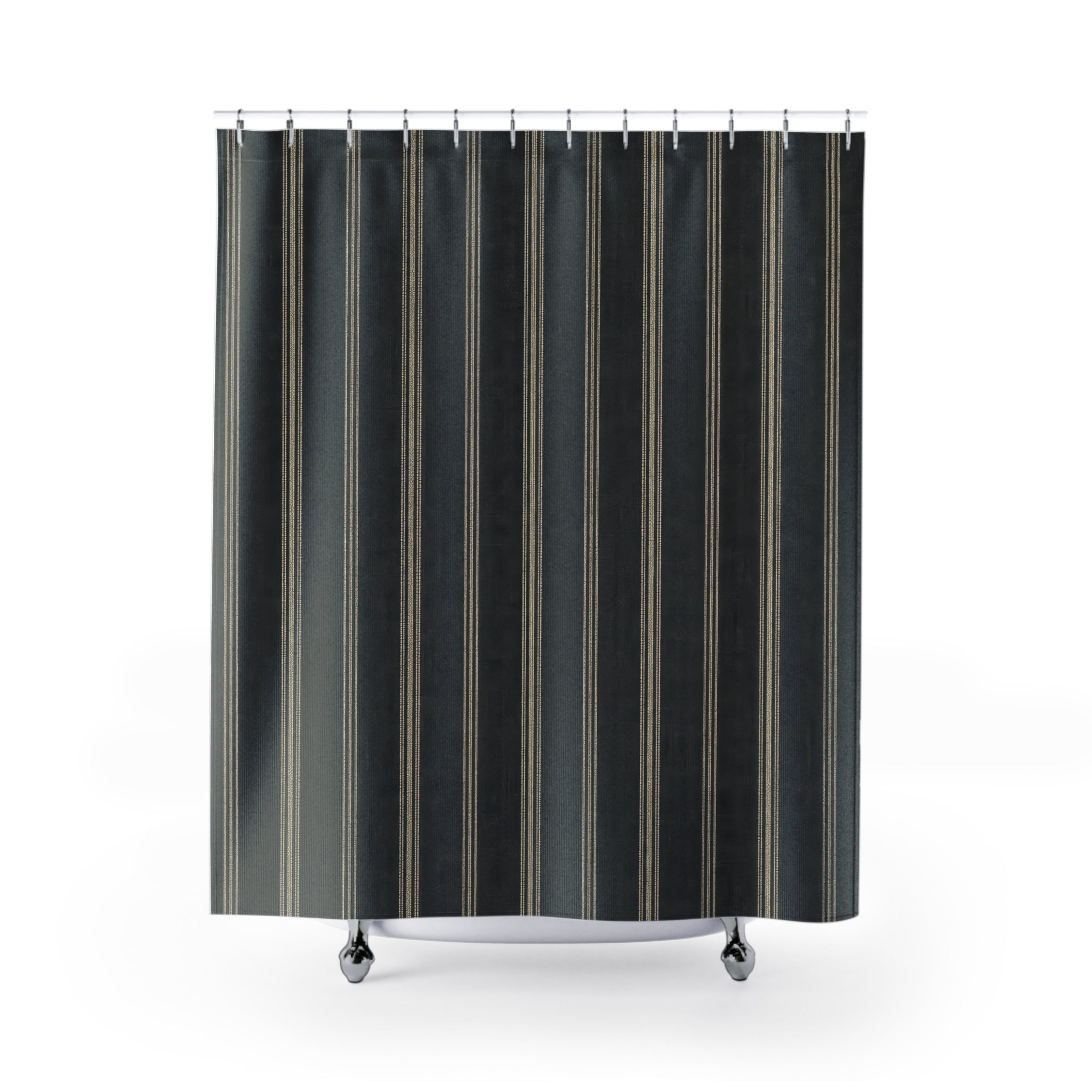 Black Ticking Stripe Shower Curtain, Charcoal Pinstripe Pattern, Cream Lines, Modern Farmhouse Moody Bathroom Decor, Classic Bath Style