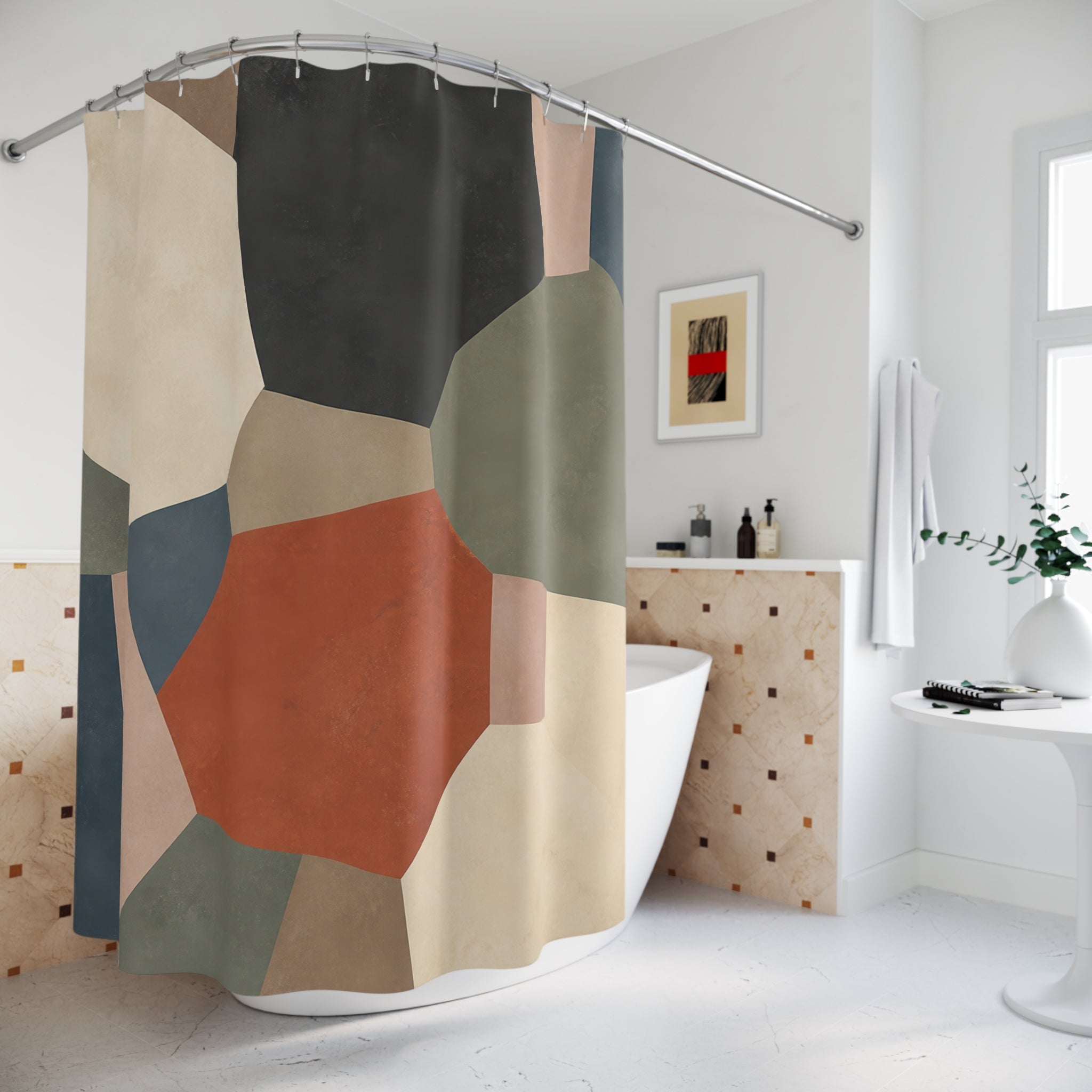 Terracotta mineral patchwork slabs shower curtain beside a freestanding tub