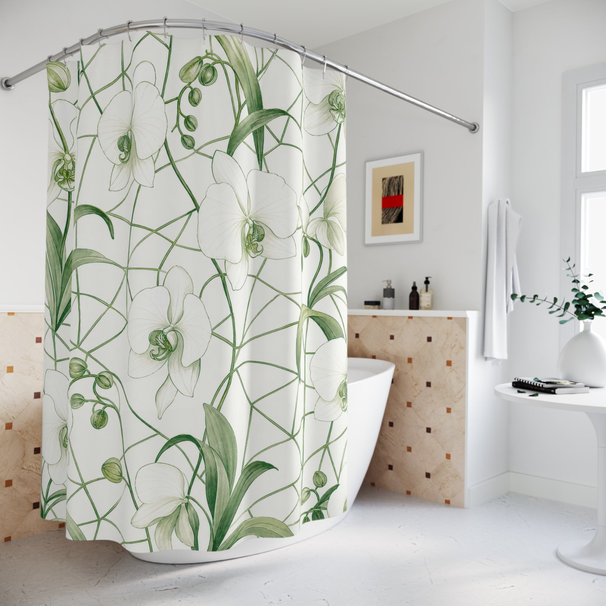 Green White Orchid Vine Shower Curtain