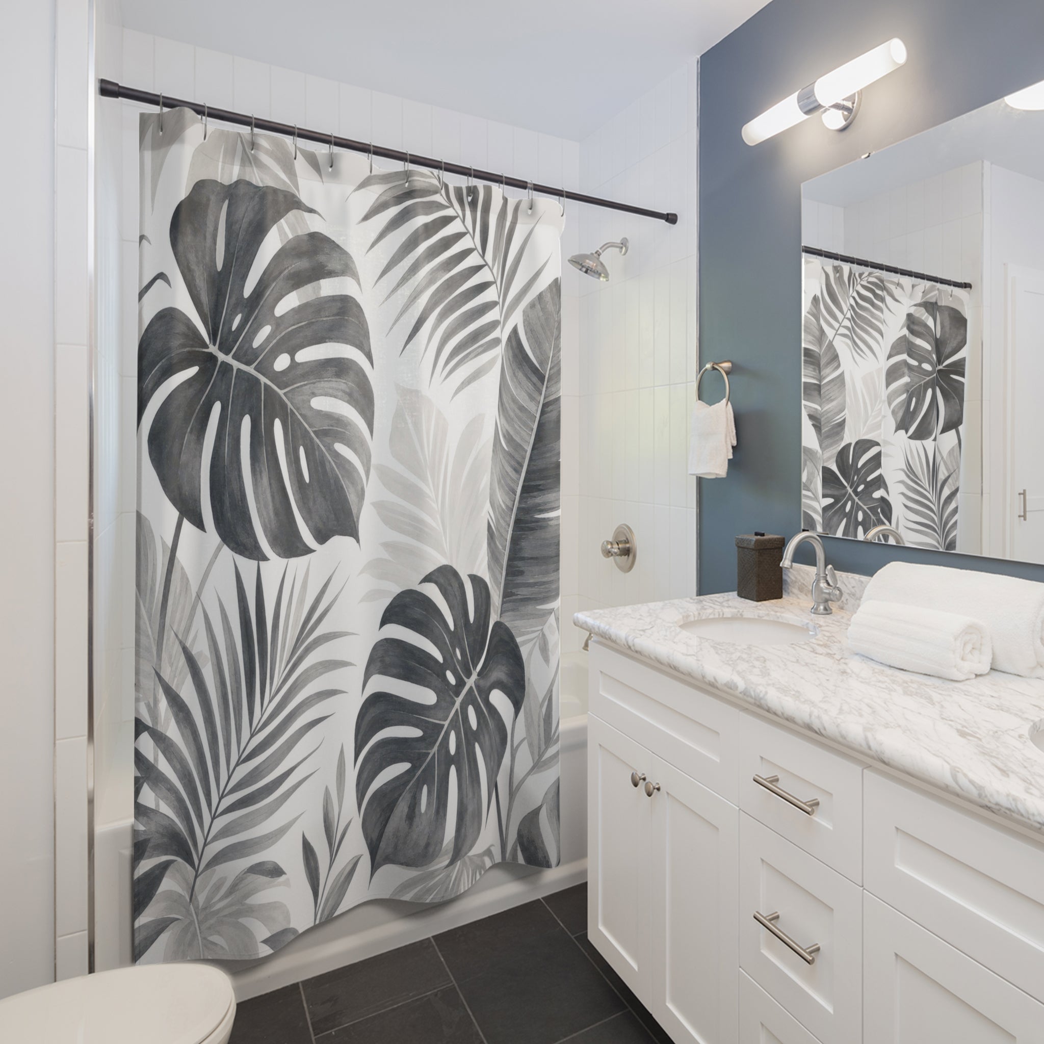 Grey Tropical Leaf Shower Curtain
