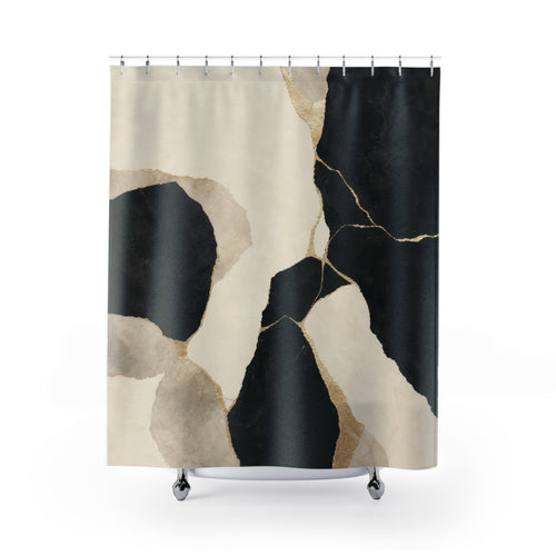 Abstract Stone Black Gold shower curtain with full front view