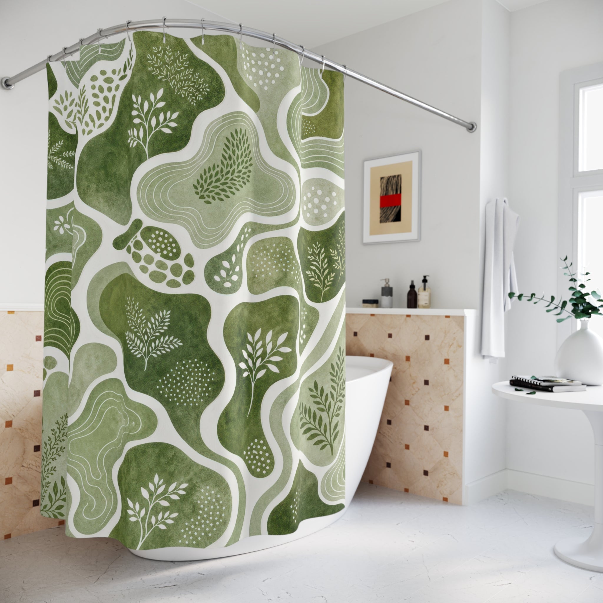 Green White Topographic Botanical Shower Curtain