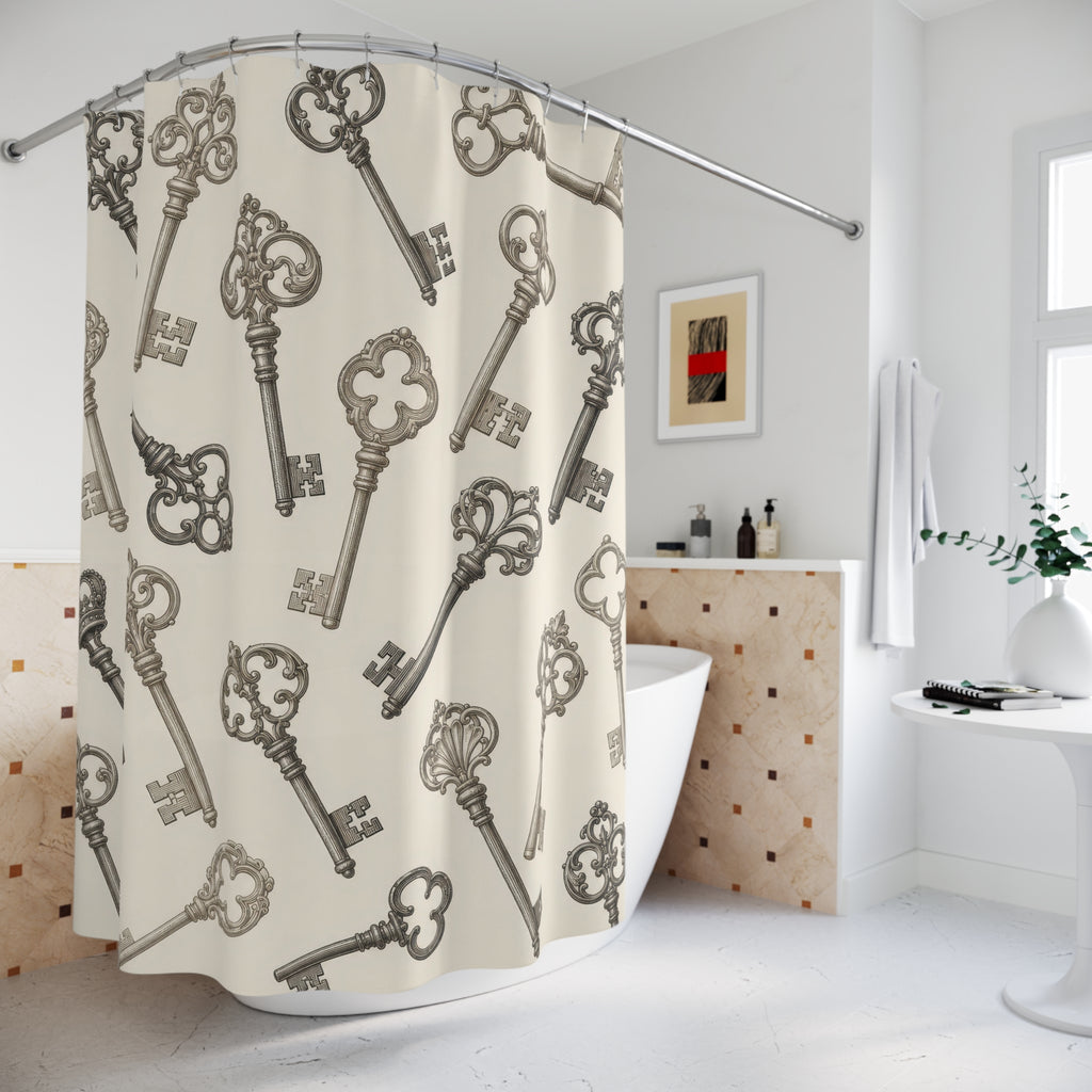 Taupe and charcoal skeleton keys on ivory shower curtain beside a freestanding tub