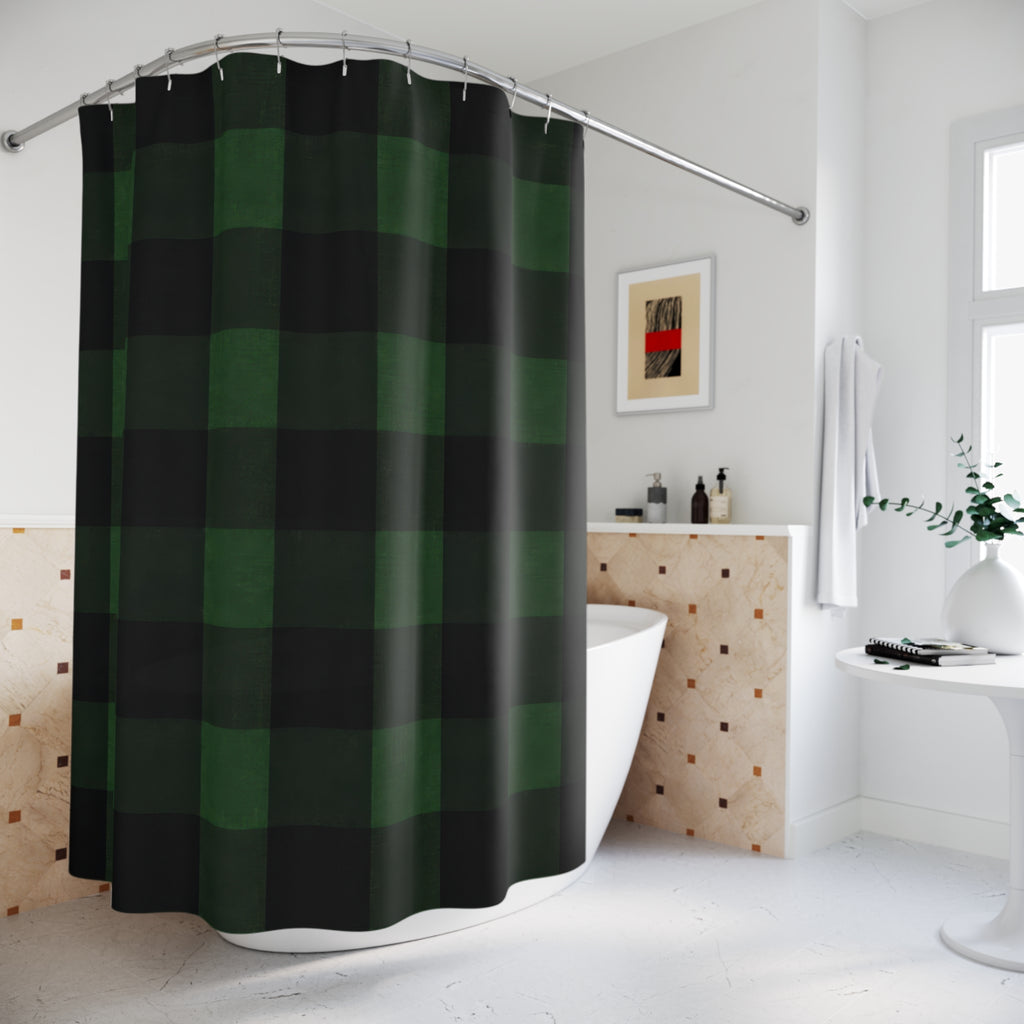 Buffalo Check Shower Curtain, Forest Green Black Plaid Pattern, Rustic Farmhouse Bathroom Decor, Lodge Guest Bath Cabin Style
