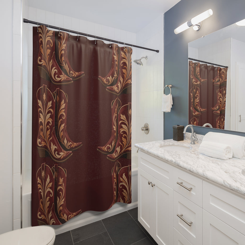 Maroon cowboy boots with cream and ochre scrollwork shower curtain beside a white vanity