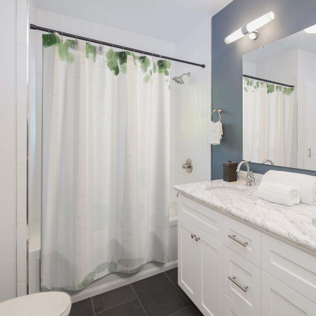Birch Tree Watercolor Shower Curtain – Green and White