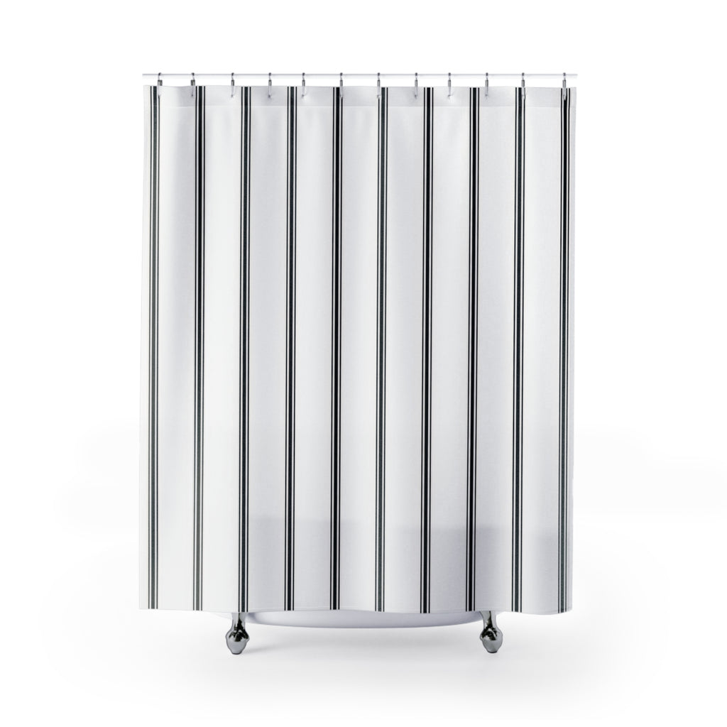 Black vertical ticking triplets on a white ground shower curtain with full front view