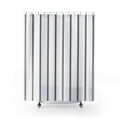 Black vertical ticking triplets on a white ground shower curtain with full front view