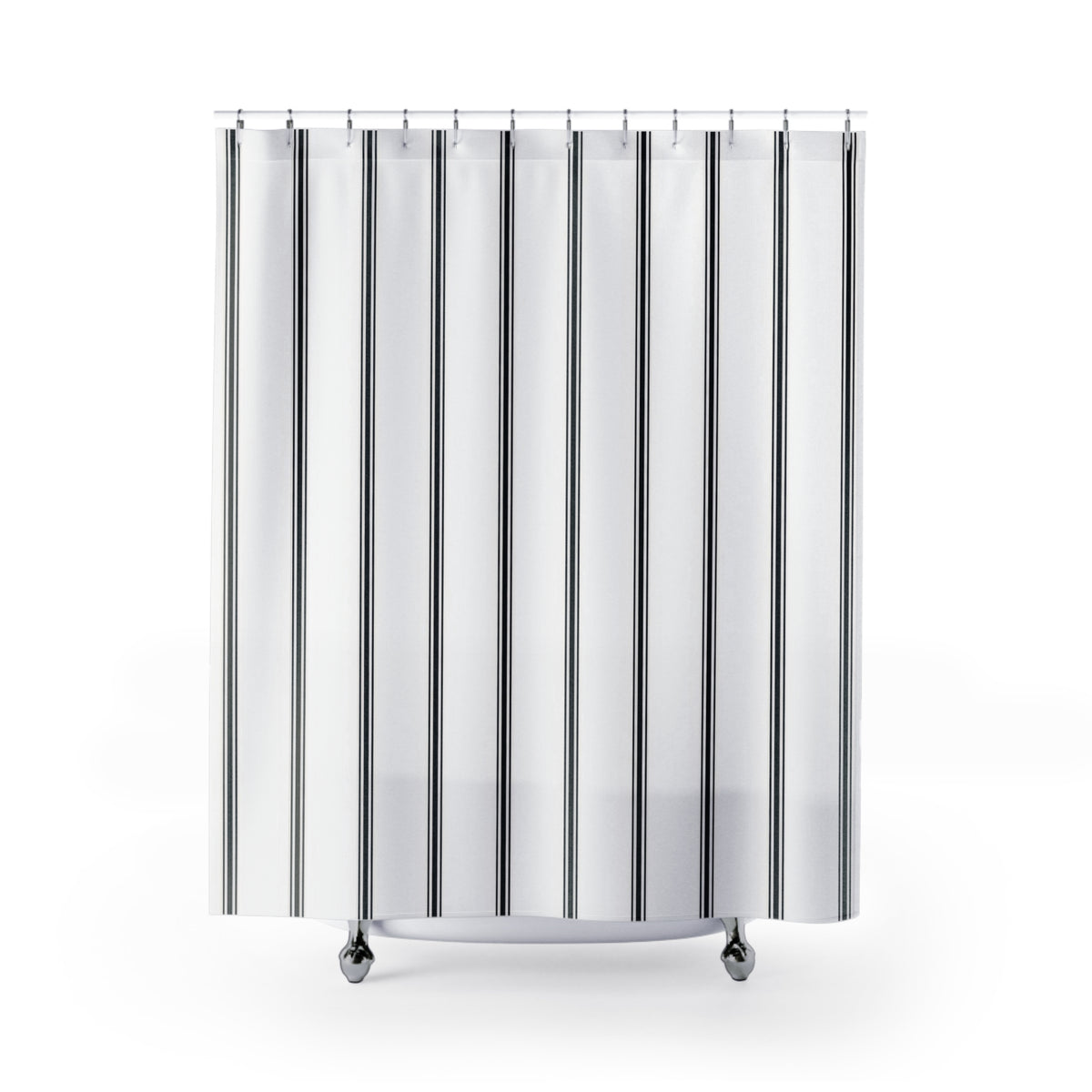 Black vertical ticking triplets on a white ground shower curtain with full front view