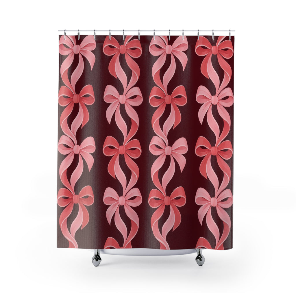 Pink bow chains in blush and coral on burgundy shower curtain with full front view